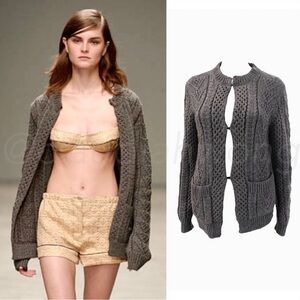 Vintage PRADA S/S 2002 Wool Alpaca Cable Knit Hook & Eye Cardigan in Grey